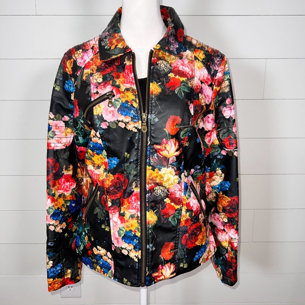 Multicolor Floral Pleather Long Sleeve Jacket Size M - Picture 5 of 10